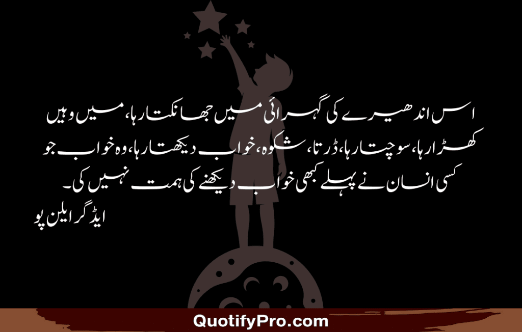 اس اندھیرے کی گہرائی میں جھانکتا رہا، میں وہیں کھڑا رہا، سوچتا رہا، ڈرتا، شکوہ، خواب دیکھتا رہا، وہ خواب جو کسی انسان نے پہلے کبھی خواب دیکھنے کی ہمت نہیں کی۔