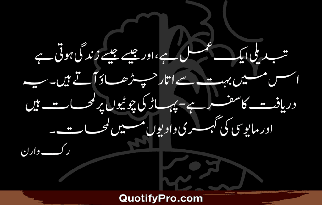 تبدیلی ایک عمل ہے، اور جیسے جیسے زندگی ہوتی ہے اس میں بہت سے اتار چڑھاؤ آتے ہیں۔ یہ دریافت کا سفر ہے - پہاڑ کی چوٹیوں پر لمحات ہیں اور مایوسی کی گہری وادیوں میں لمحات۔